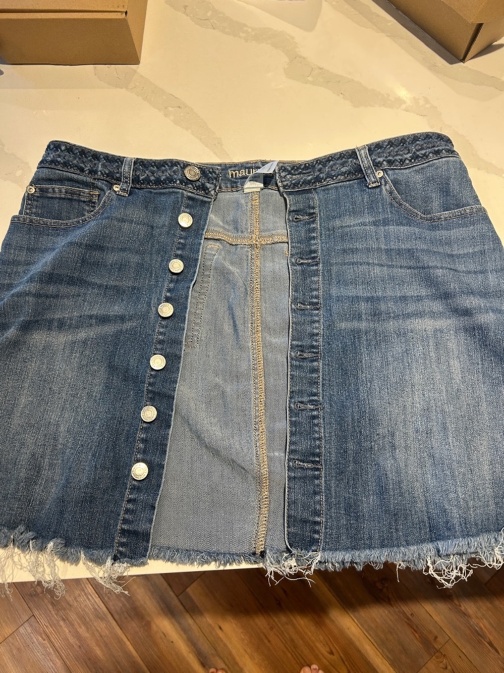 Mavi Button-Front Distressed Denim Mini Skirt in Faded Blue